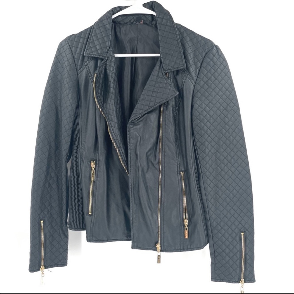 G By Guess Zip Up Moto Jacket Black Gold Zipper